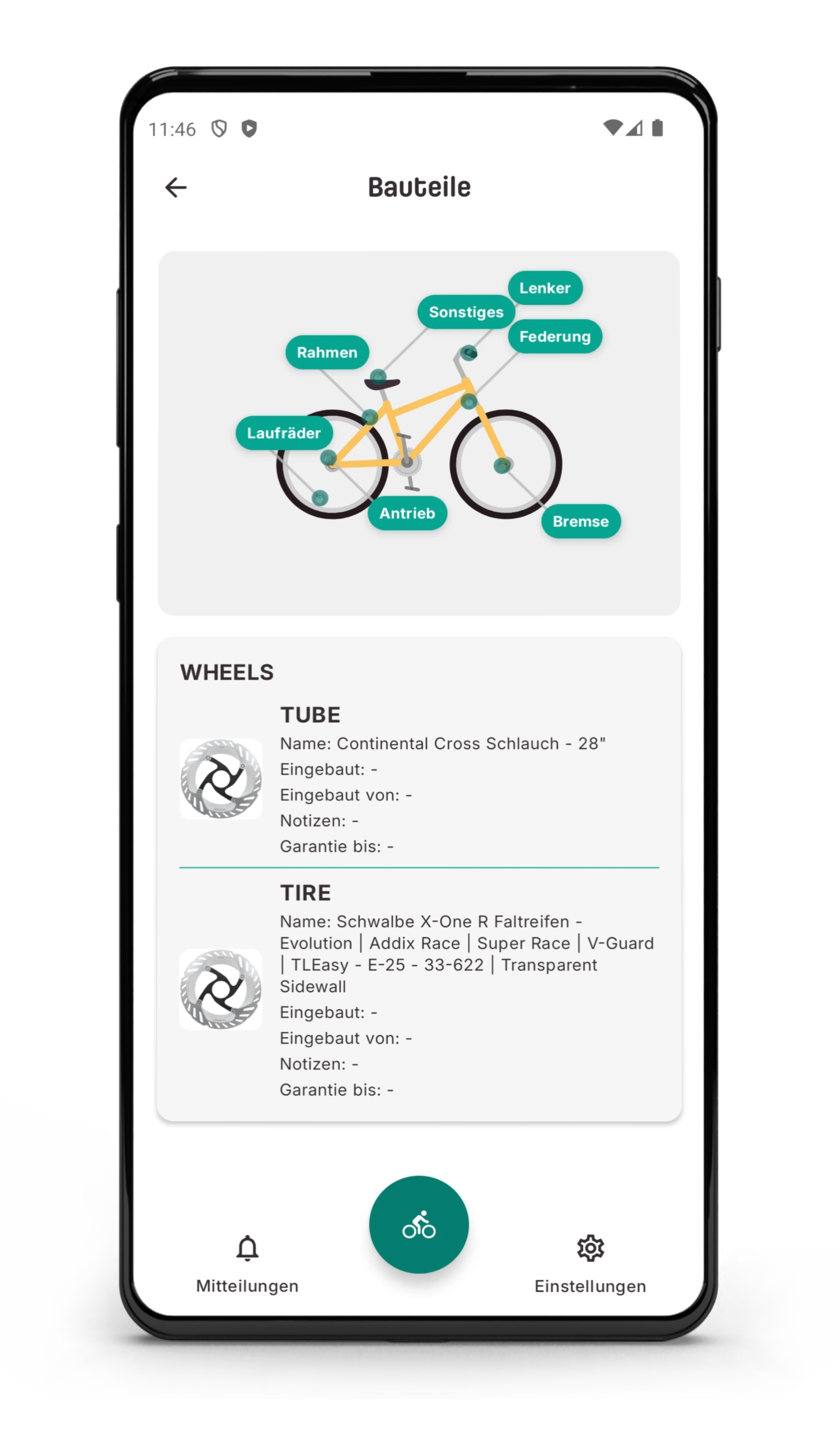 RadAkte App – Bauteile-Ansicht eines Fahrrads